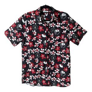 Roody Mens Black Red White Skull Hawaiian Floral Button Down Shirt Size Medium